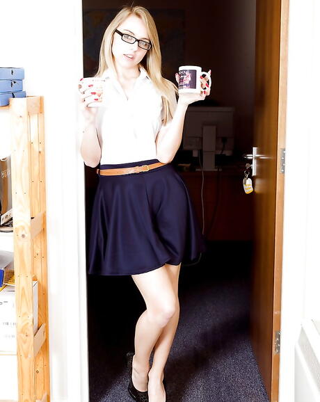 Hot british blond young Chloe Toy in nice skirt showing tiny tits and sissy in office